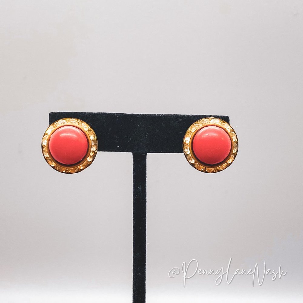 Vintage Red Bead With Gold Stone Rim Stud Earrings